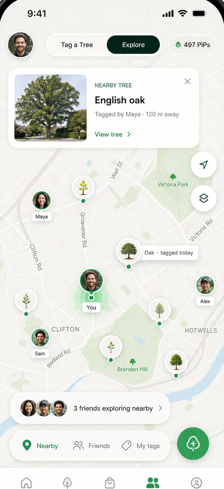 Seqesta Explore screen showing nearby trees and people on a local map