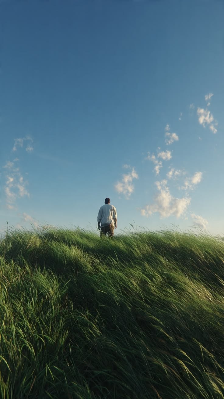 A person standing in long grass beneath a wide blue sky