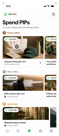 Seqesta Spend PIPs screen showing nature-positive rewards and experiences
