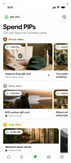Seqesta Spend PIPs screen showing nature-positive rewards and experiences