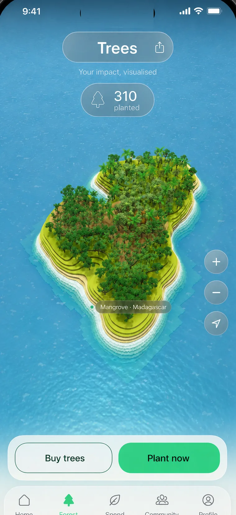 Seqesta Trees screen showing 310 planted trees on a digital island